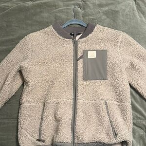 Outdoor Research Cream and Gray Puffer Jacket with Stand-Up Collar